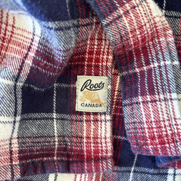 ROOTS Men's Size Large Flannel Button Down Blue Red Plaid Gorpcore Outdoors Warm - Picture 10 of 13